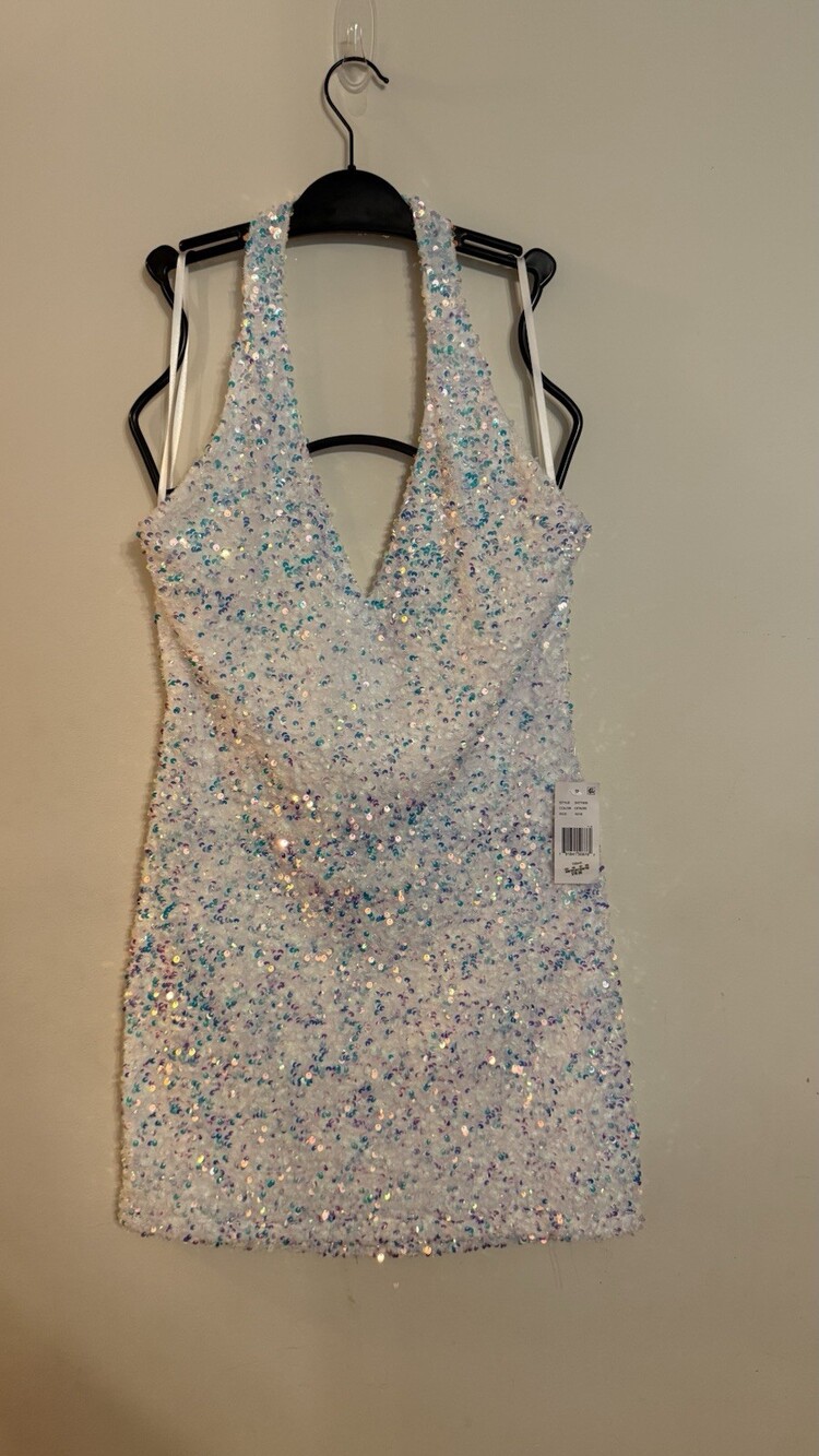 B Darlin Juniors 15/16 Iridescent Sequin Halter Mini Dress Open Back NWT